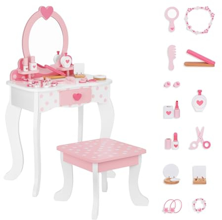 OOOK Kids Vanity Set,Table & Chair Vanity Set with Mirror（Includes 15 pcs Multiple Make up Accessories, Makeup Dressing Table with Storage Drawer, Pink