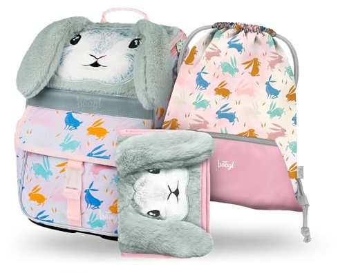 Baagl Schulranzen Mädchen Set 3 Teilig, Zippy Schultasche für 1. Klasse, Grundschule Ranzen Tornister mit Brustgurt, Ergonomischer Schulrucksack (Bunny)