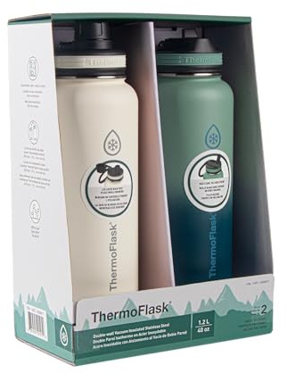 Thermoflask 40oz Stainless Steel Insulated Water Bottles with Straw and Spout Lids, 2-pack, Off White/Glade Green