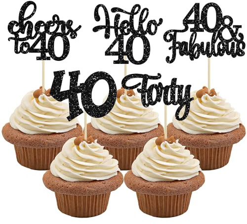 30Pcs Happy 40th Birthday Cupcake Toppers Black Glitter Forty Cheers to 40 Years Old Birthday Cupcake Picks for Happy 40th Birthday Anniversary Party Cake Decorations