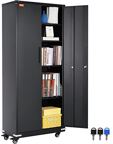 VEVOR Armadietto portaoggetti con Ruote da 75, con 4 Ripiani Regolabili e 2 Ante Magnetiche, Capacità di 200 libbre per Ripiano, Armadietto in Metallo con 3 Chiavi per Ufficio, Garage, Casa, Nero