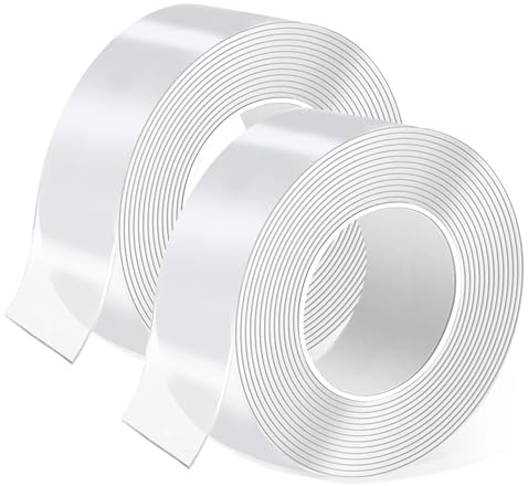 2 Rollen Doppelseitiges Klebeband, 10 m Nano Klebeband, 2 mm Dicke, Starke Haftung, Spurlos Abnehmbar und Waschbar, Geeignet für Fotowände, Küche, Zuhause, Auto oder den Außenbereich (5 m x 3 cm)