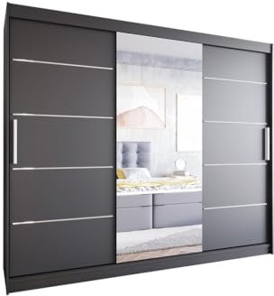 Easy4You LVI 250 cm Schwarz Schiebetüren Kleiderschrank 250x215x58 cm mit Spiegel - Schlafzimmermöbel, Aufbewahrung - Mehrzweckschrank