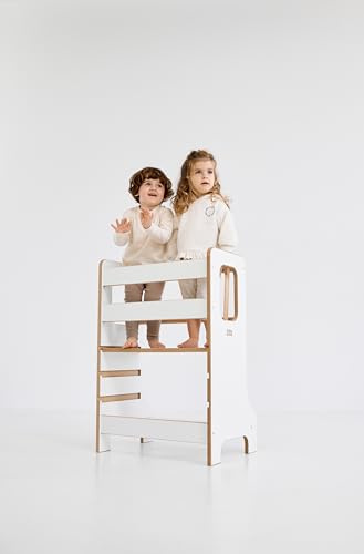 Torre di apprendimento Double Slim, Torre di apprendimento in legno, per fratelli, Torre di scoperta per due bambini, Sedia educativa in legno, Learning Tower Montessori, Kitchen Helper (bianco)