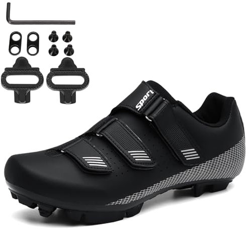 PENXZT MTB Schuhe Herren Mountainbike Schuhe Fahrradschuhe Kompatible mit 2 Loch Cleat System mit Schnalle Unisex MTB Radschuhe Draussen,Schwarz,44 EU