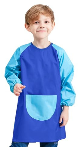 Meleager Malkittel Kinder, Wasserdicht Malschürze Kinder 5-11 Jahre, Malerkittel Schule Junge und Mädchen, Malkittel mit Langen Ärmeln und Taschen, Tuschkittel Kind für Basteln Malen Backen (Blau)