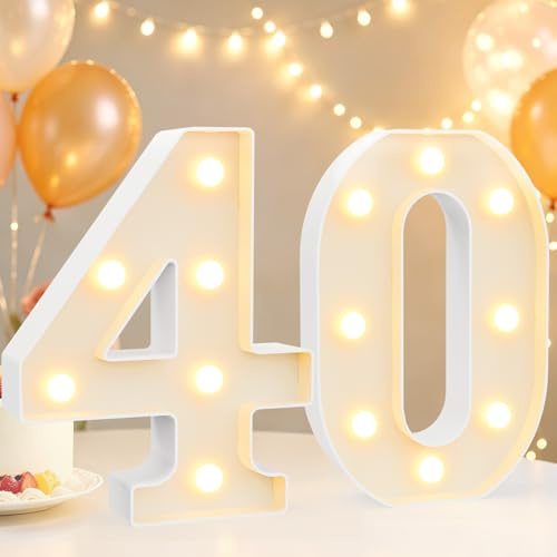 8.8 Decorative LED Light Up Numbers, Marquee Numbers Lights for 40th Birthday Decorations, Lighted Number Sign for Birthday Party Night Lights Anniversary Backdrop Home Decor, White Number 40