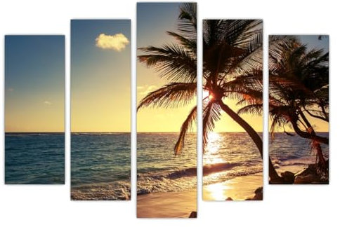 AREDE Set di 5 Stampe da Parete Quadri Moderni Decorazioni da Muro per Casa Soggiorno Camera da Letto e Cucina Alba su una spiaggia tropicale| 120 x 80 cm | Pronto da appendere