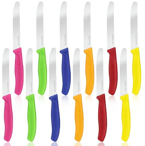 Sprifityy 12 Stück Frühstücksmesser, Brötchenmesser mit Messer Wellenschliff, Hochwertiger Rostfreier Stahl Brotzeitmesser, Spülmaschinenfest, Steak Messer, Tafelmesser für Haus Restaurant（Bunt）