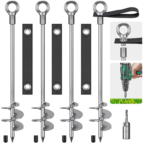 Insaga Anclajes para Suelo, Anclaje de Tierra para Tiendas de CampañA, 61cm Kit de Trampolines para Columpio/Camping/Cobertizo/Perro/Portón con Correa de Lazo Fija, 4 Paquete