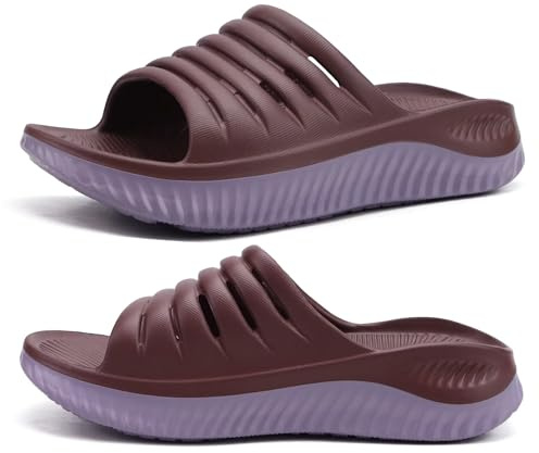 KuaiLu Womens Recovery Sandals Comfortable Plantar Fasciitis Arch Support Ladies Orthopedic Open Toe Slip On Running Sport Walking Slides Thick Athletic Cushion Slippers Summer Sliders Brown Size 9