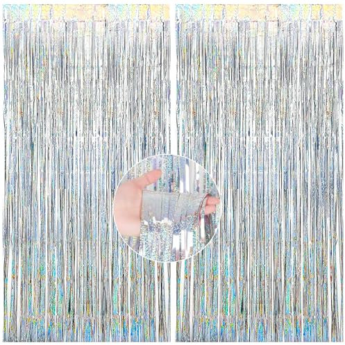 HENGBIRD 4 Piezas Cortinas de Oropel Metálico 1m x 2,55m Cortina Decorativa Cumpleaños Cortinas Flecos Fiesta Cortinas Espumillón Metalicas Cortina Brillante para Bodas Fiestas Graduación (Plata)
