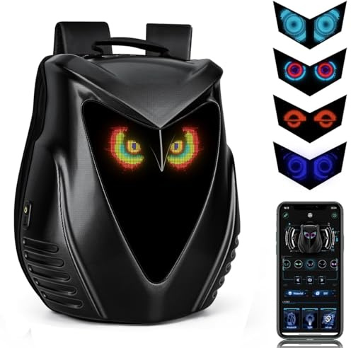 Gelrova Eule blinkende Augen Motorrad LED Rucksack - 22L erweiterbar, Hardshell APP-gesteuertes LED-Display Cyberpack, passend für 15,6 Zoll Laptop, Schwarz
