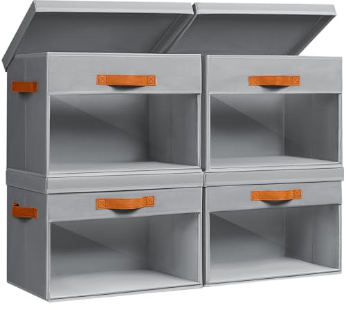 Large Fabric Storage Boxes with Lids & Clear PVC Window Foldable Grey 38L | 4 Pack Stackable Baskets Bins with Handles, Organise Clothing, Bedding, Toys, Books, Blankets on Wardrobe, Shelves, Bedroom