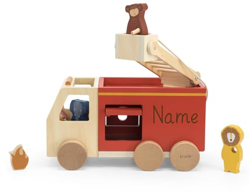 Elefantasie Feuerwehrauto personalisiert aus Holz mit Tieren von Trixie Holz Feuerwehr Auto groß Kinder Fahrzeug mit Namen graviert