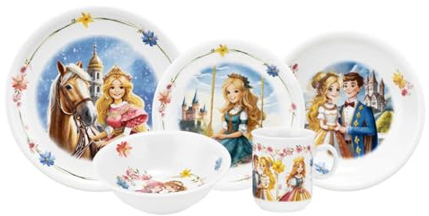 Seltmann Weiden Compact Kindergeschirrset 5-teilig, Teller-Set Schale und Becher für Kinder, Kinderservice mit bunten Motiven, Porzellan, Prinzessin