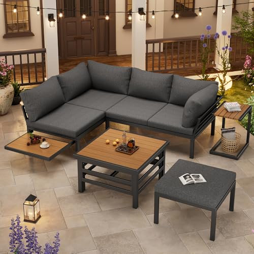 Gartenmöbel-Set (2 Doppelsofas plus 1 Fußhocker), 1 Kunststoff-Plattenhubtisch, Gestell aus verzinktem Eisen, inkl. Sitzpolster und Kissen, mit kleinem Beistelltisch, kleine Tischplatte ausziehbar