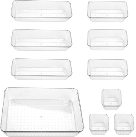 lovehai 10 Pcs Drawer Organizer Set, Makeup Organizer Tray for Drawers, Clear Cosmetics Container Tray for Office, Bedroom, Kitchen, Jewelries and Gadgets