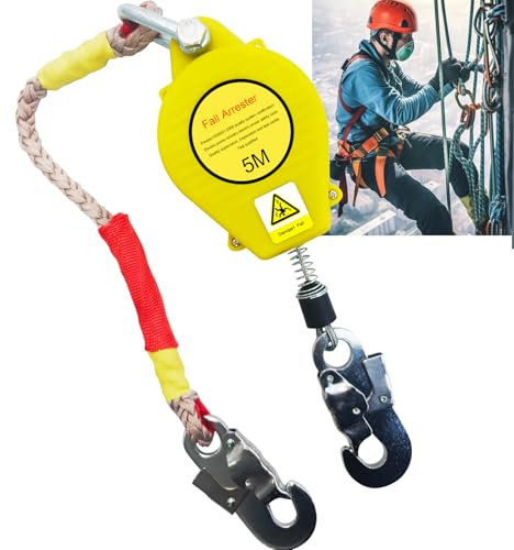 YAOYAOO Hohensicherungsgerät 3-20m, Absturzsicherung Sicherheitsgurt Dachdecker, Fallschutz mit Selbstsicherndem Haken, Auffanggerät Mit Flammhemmendes Seil, Tragkraft: 150kg (Yellow, 5m)