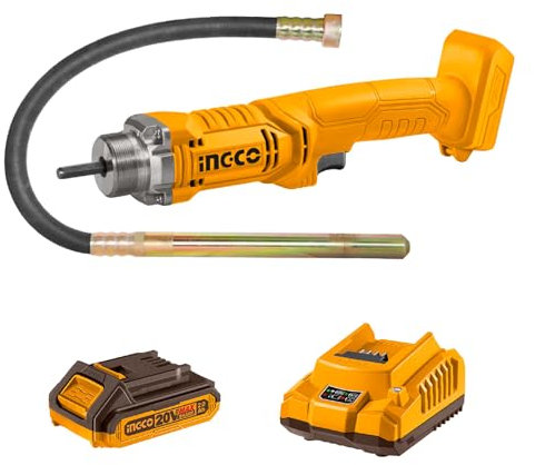 INGCO 20V Vibreur à Béton sans Fil, Moteur Sans Balais, 2300 tr/min, avec 1Pcs Batterie 2,0 Ah, 1Pcs Chargeur et Aiguille Vibrante 1,2M, diamètre 35mm CCVLI2023011