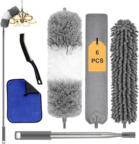Staubwedel Lang Ausziehbar, 6PCS Robusten Staubwischer mit Teleskopstange Länge von bis zu 254 cm, Teleskop Staubwedel Mikrofaser für Hohe Decken, Lampen oder Spinnweben in Zimmerecken