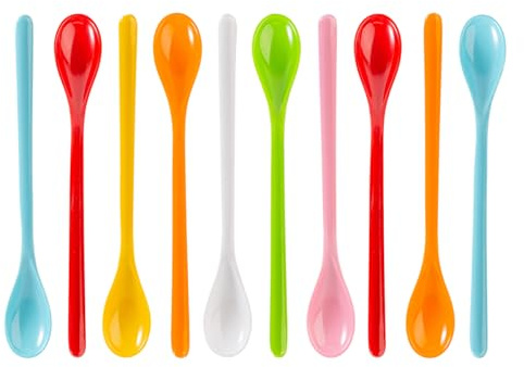 LiangYuanZen 10 stycken långa färgglada plastskedar – återanvändbara äggsked, glassked för yoghurt, sylt, cocktail, dessert, te och kaffe (18,5 cm)
