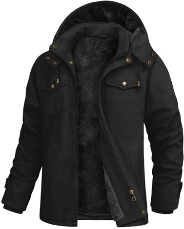 Xnova Chaqueta Hombre Invierno Abrigos Cálido Forro Polar Algodón Parka con Capucha Desmontable Chaqueta Militar Termica Cazadora Entretiempo Trabajo con Bolsillos Múltiples, Negro, XL