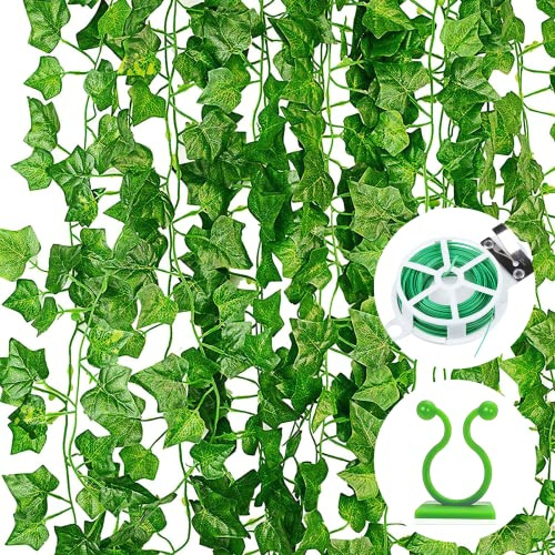 12 ghirlanda artificiale di edera, 2,2 m, con 12 clip per piante e fascette da 30 m, per cucina, matrimonio, giardino, decorazione da parete
