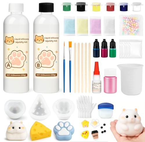 1DFAUL Flytande Silikon Squishy Tillverkningssats, 17.6oz Squishy Gel Skapa Dina Egna Squishies, Inga Bubblor & Snabb Härdning, med Hamster-, Katttass-, Ostformar, Rolig Stresslindring, DIY-presenter