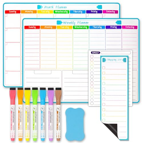 Calendrier Magnétique pour Frigo, Effaçable Plannings Mensuel Semaine Tableau Planificateur Hebdomadaire avec 7 Couleurs Marqueurs et 1 Effaceur pour Organisateur Planner Semainier Familial Tableaux