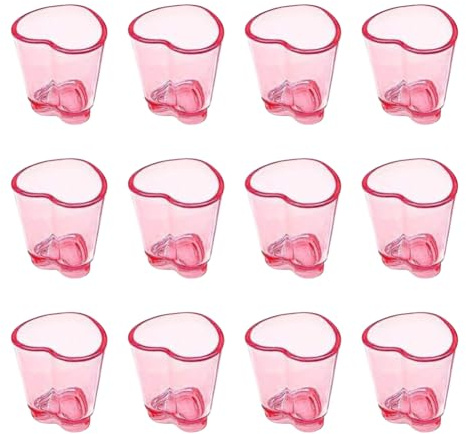 FSSTUD Lot de 12 verres à shot en forme de cœur en plastique rose de 42,5 g - Petits verres à bière à base lourde - Mini verres à liqueur mignons pour dégustation de jus de cocktail