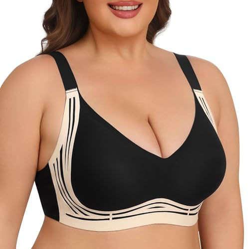 UMIPUBO Reggiseno Senza Ferretto Donna Taglie Forti Reggiseni Senza Cuciture Comodo Push Up Scollo a V Copertura Totale Basic T-Shirt Imbottito Bralette con Bra Estensione (Nero, XXL)