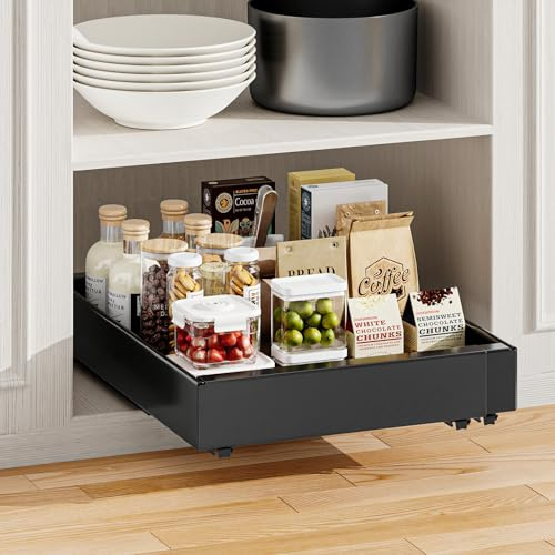 Warmiehomy Pull Out Cabinet Organiser Expandable Pull Out Kitchen Storage Width 30-52cm Adjustable Sliding Drawer for Cupboard, Pantry, Bathroom, No Need Drill and Nailing, Black Sliding Shelf