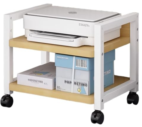 2-Tier Rolling Printer Stand - Mobile Under Desk Printer Table with Storage for Small Office, Cart for Printers & Scanners, Compact White Printer Shelf (15.7/40cm)