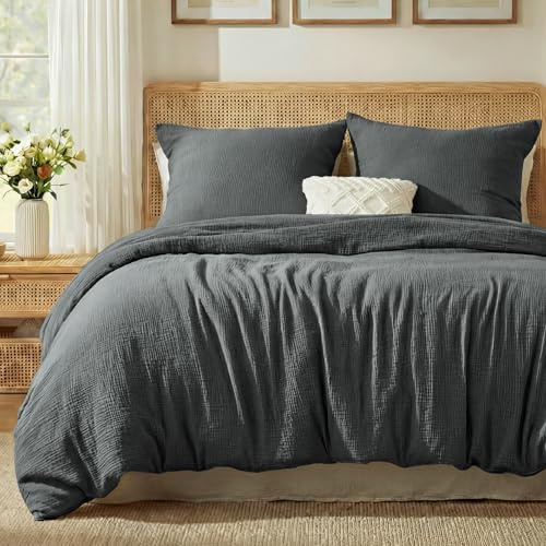 BEDSURE Musselin Bettwäsche 155x220 3teilig - Anthrazit, 80x80 Kissenbezüge | 100 % Baumwolle Bettwäsche-Sets, 1 Bettbezug 155 x 220 und 2 Kissenbezüge 80 x 80, mit Reißverschluss, Weich, Atmungsaktiv