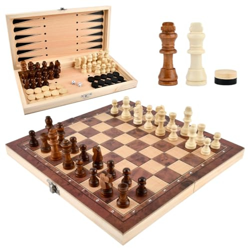 DODUOS 3 in 1 Chess Board, 29x29 cm Schachspiel Holz Klappbar Schachbrett Holz Hochwertig,Schach Tragbar Schach Reisespiel für Reiseschach,Party Familie Aktivitäten