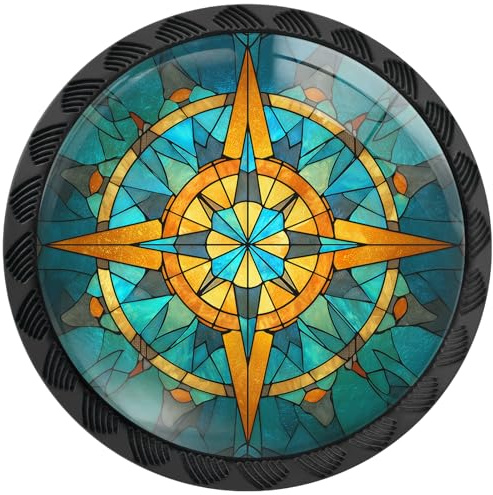 Artinhand Lot de 4 boutons d'armoire rétro en verre teinté avec boussole - Poignées de tiroir rondes noires - Poignées de porte de placard - Quincaillerie pour armoires de cuisine et de salle de bain