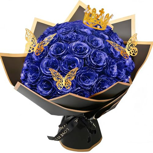 YUZHEDM 24 Stück Künstliche, Blumen Ewige Rose, Glitzer Rosen, Rosenstrauß, DIY-Blumenstrauß mit Krone für Valentinstag, Hochzeit, Verlobung, Geburtstag, Geschenke, Jahrestag(Blau)