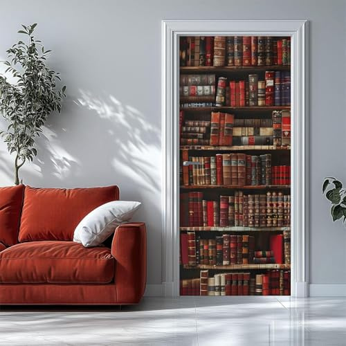Adesivi per Porte 90x215cm Stile Vintage Adesivo Porta Interna Libreria in Legno 3D Pellicola Adesiva Carta da Parati Soggiorno Bagno Autoadesivo Porta Murale Decorazione