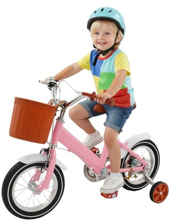 Jerool Barncykel 12 tum, barncykel från 3 år, cykel för barn med korg och stödhjul, höjdjusterbart säte och styre (rosa)