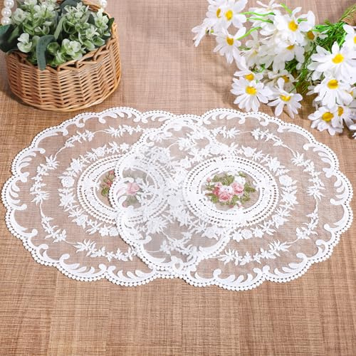 2 Stück Spitzendeckchen, 32 cm Rund Retro Französische Blumen Tischdeckchen Stickerei Spitze Platzdeckchen für Küche Esszimmer Kommoden Hochzeit Party Vase Dekoration (Weiß)