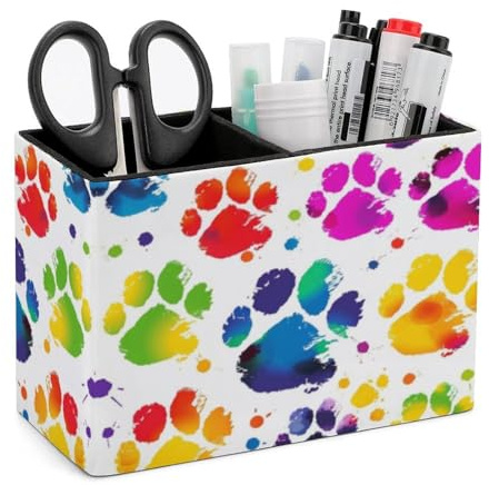 RLDOBOFE Colorful Dog Paw Pen Pencil Holder Leather Desk Organizer Rectangular Desktop Container Multi-function Stationery Brush Scissor Storage Box Decoration for Office Home