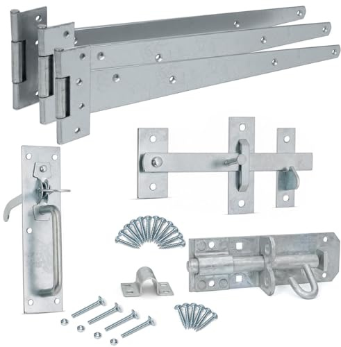 SCORPIO HARDWARE® Suffolk Gate Latch Pack Galvanised Complete with Three T Hinges (450mm), One Brenton Bolt (6 inch) Gate Kit for Hanging Garden Door, Gate Fitting Kit