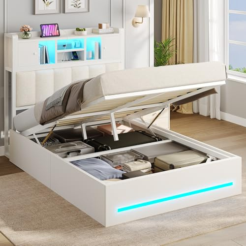 AOGLLATI Bett 90x200 mit 560L Hydraulischem Stauraum & Kopfteil Stauraum | Jugendbett mit LED Beleuchtung & Ladestation,Polsterbett Einzelbett mit Lattenrost,Belastung 300 kg(Weiß, 90x200cm)