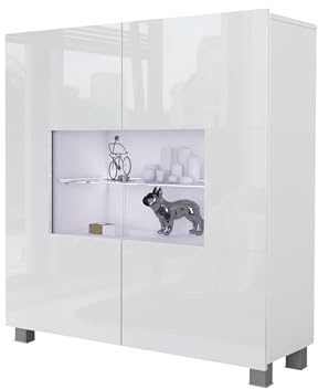 Mirjan24 Kommode Calabrini BR01 mit 2 Türen (Weiß Hochglanz, Blauer LED) | Moderne grifflose Kommode mit gehärtetem Glas und viel Stauraum für Wohn- und Schlafzimmer