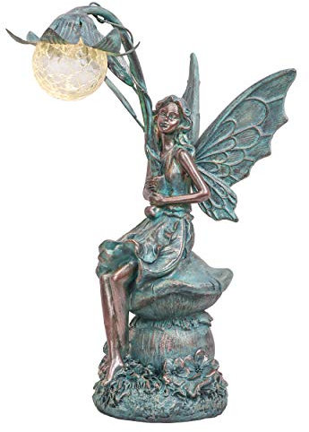 TERESA'S COLLECTIONS Gartendeko für draußen,Gartenfiguren für außen,35cm Sitzende Elfen mit Solar Glaskugeln Beleuchtung aus Polystein, Bronze Feen Statue Solar Fairy