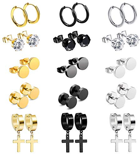 OIDEA Örhängen för män och kvinnor, set, kreolsk magnet örhängen i rostfritt stål, svart, silver, rund, korshänge, stiftörhängen, punk, kjol, falsk öronklämma, öronsmycke, present för unisex