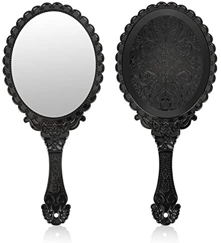 xingzhi Retro-Handspiegel, klein, niedlich, dekorativer Spiegel, geeignet für Mädchen, Make-up, geprägte Blume, tragbar, antiker Reise-Make-up-Spiegel (schwarz)