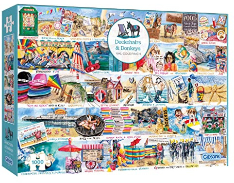 Gibsons Deckchairs and Donkeys 1000 Piece Jigsaw Puzzle for Adults - Seaside Alphabet Beach Puzzle by Val Goldfinch Colourful Coastal Art - Premium Sustainable Puzzle Made in the UK/EU