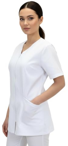 Casacca, Camici da Lavoro Donna con Zip,Bianco,Cotone, Estetista,parrucchiera, MAESTRA Asilo,Alimentari (L, Bianco)